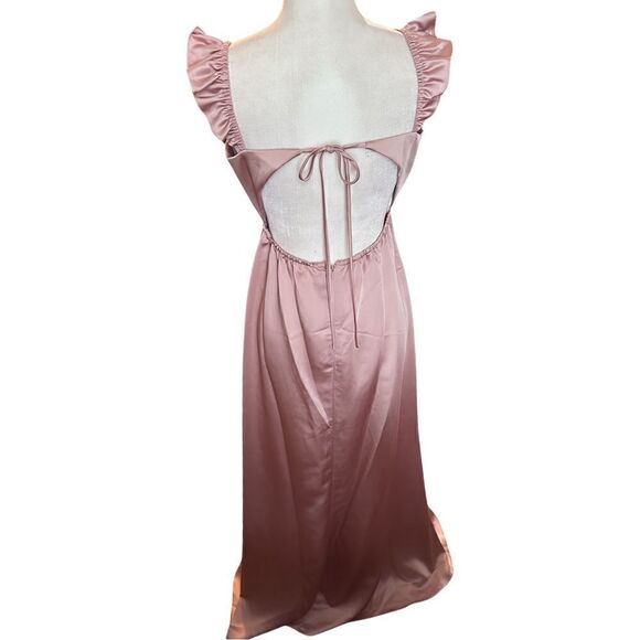 NWTs Dessy Collectiom SOCIAL Ruffle Sleeve Tie Back Satin Gown Size 2 - Picture 3 of 9